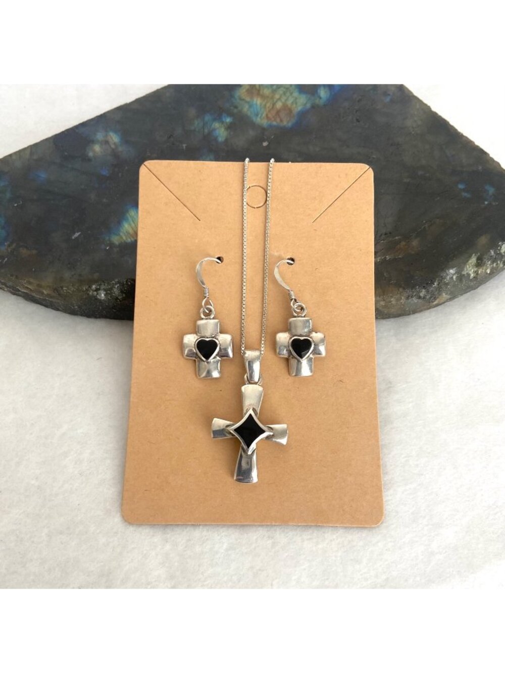 Sterling Silver 925 Onyx Inlay Cross Pendant Necklace & Dangle Earring Set 18"
